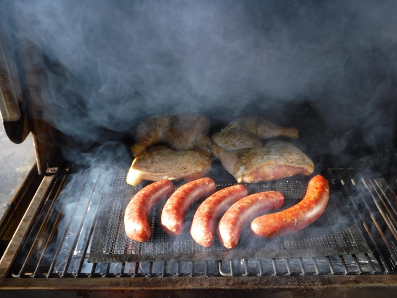 Hickory Smoked Chicken Quarters & Brats